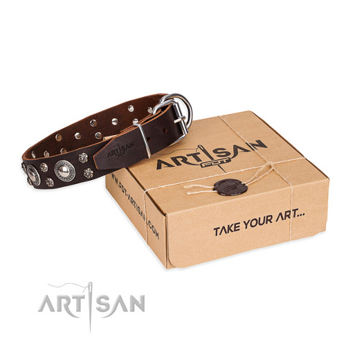 brown dog collar made of leather artisan switzerland